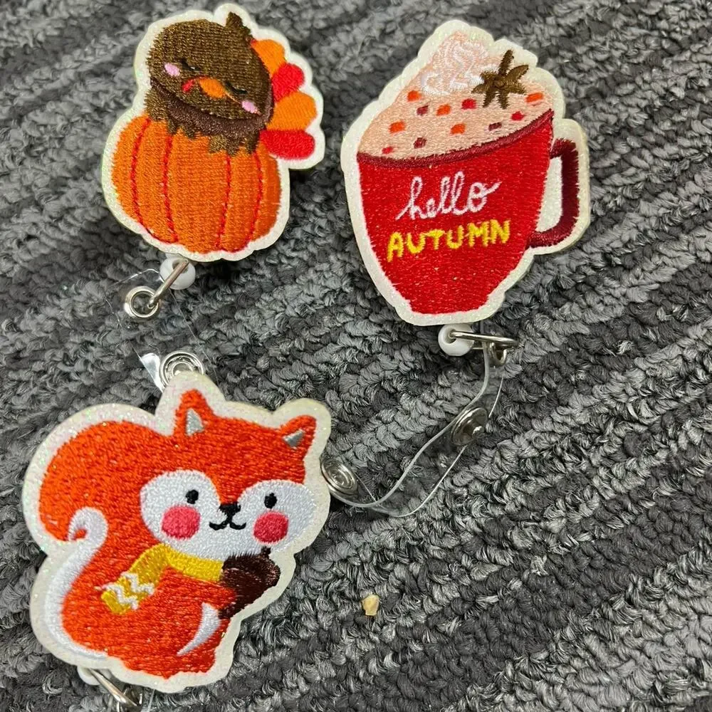 3 Pc Fall Thanksgiving Retractable Badge Reel Set Pumpkin Squirrel ID Holder